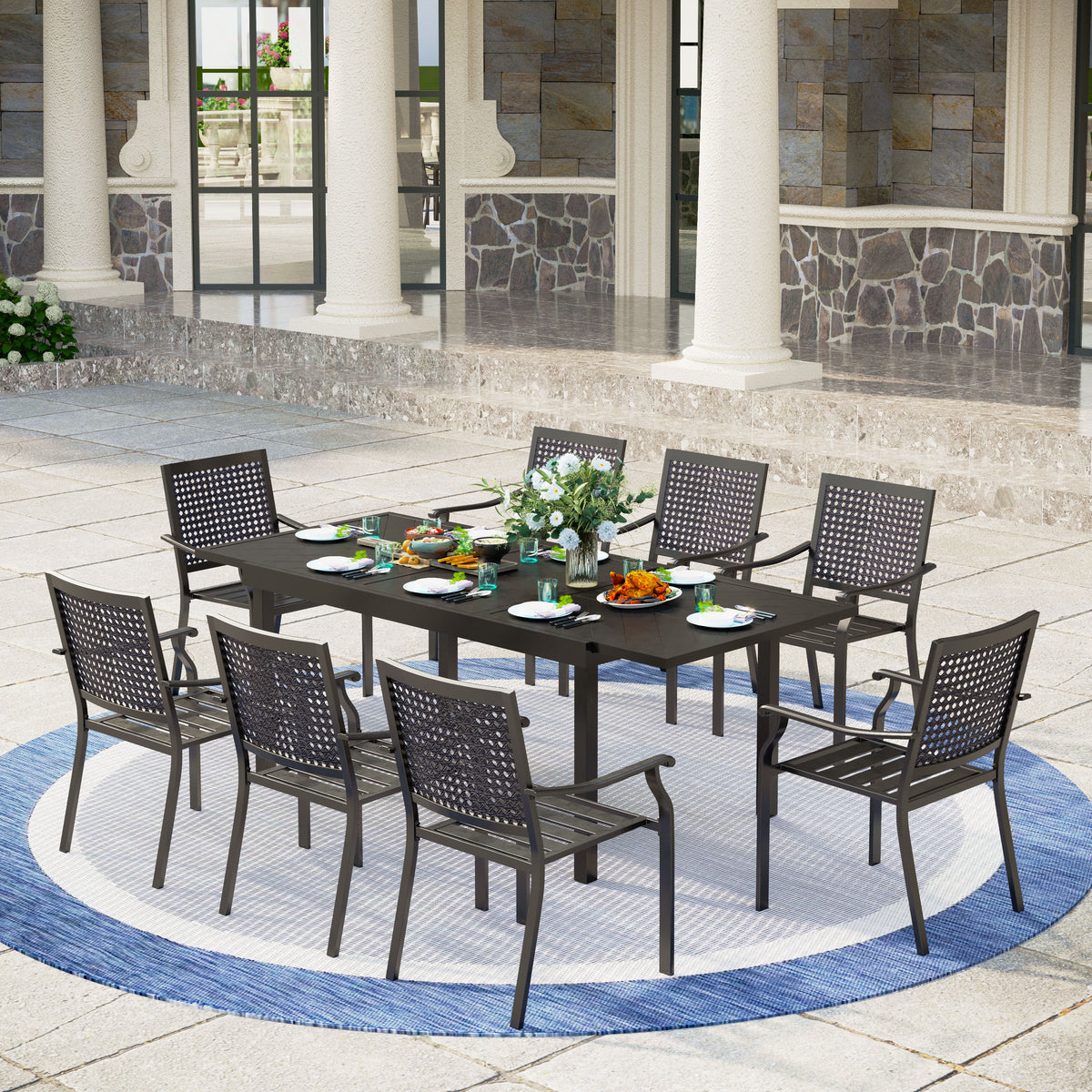 9/7-Piece Patio Dining Set Line-curved Extendable Table & Fixed Stackable Chairs