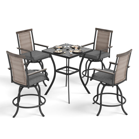 PHI VILLA Swivel Bar Stool Set Rattan Backrest & 3.5" Padded Grey Cushion Stools and Steel High Table