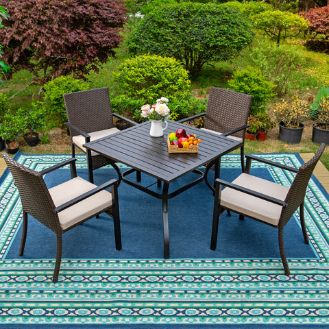 5-Piece Steel Square Table & 4 Rattan Cushion Chairs Outdoor Patio Dining Set