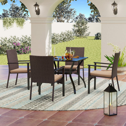 5-Piece Steel Square Table & 4 Rattan Cushion Chairs Outdoor Patio Dining Set