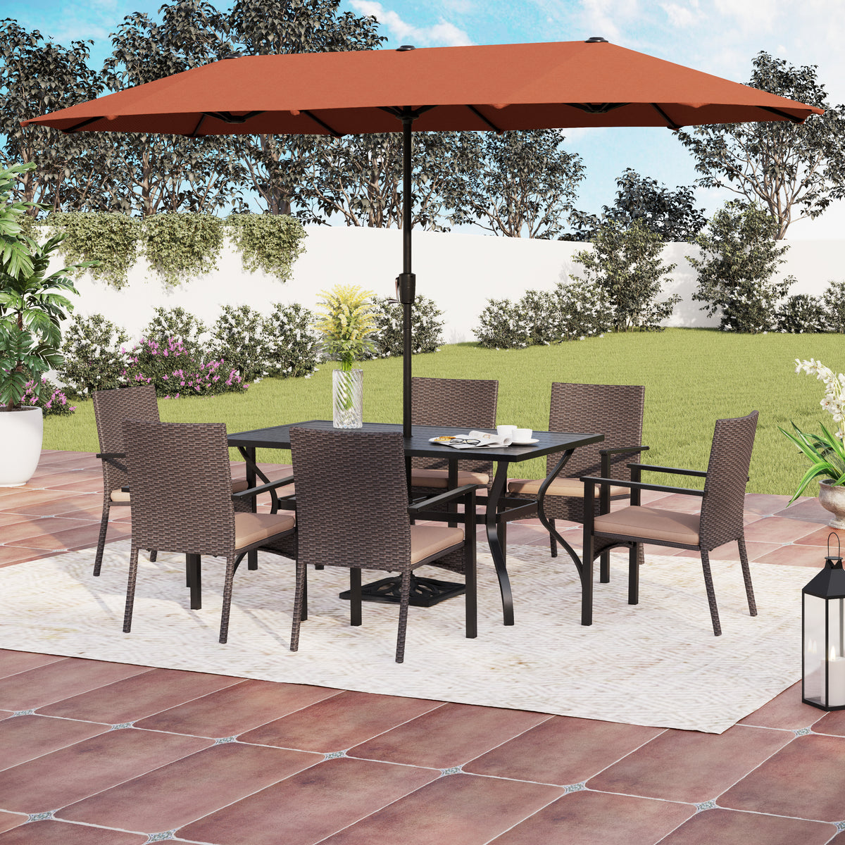 8-Piece Steel Rectangle Table & Brown Rattan Cushion Chairs & 13ft Umbrella Patio Dining Set