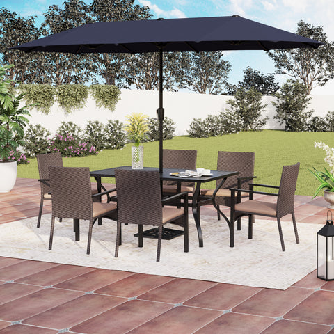 8-Piece Steel Rectangle Table & Brown Rattan Cushion Chairs & 13ft Umbrella Patio Dining Set