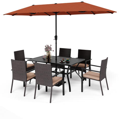 8-Piece Steel Rectangle Table & Brown Rattan Cushion Chairs & 13ft Umbrella Patio Dining Set