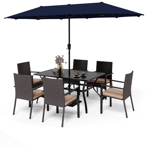 8-Piece Steel Rectangle Table & Brown Rattan Cushion Chairs & 13ft Umbrella Patio Dining Set