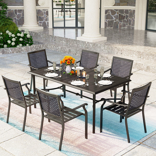 7-Piece Patio Dining Set Bow-bar Table & Bulleyes Pattern Stackable Steel Chairs
