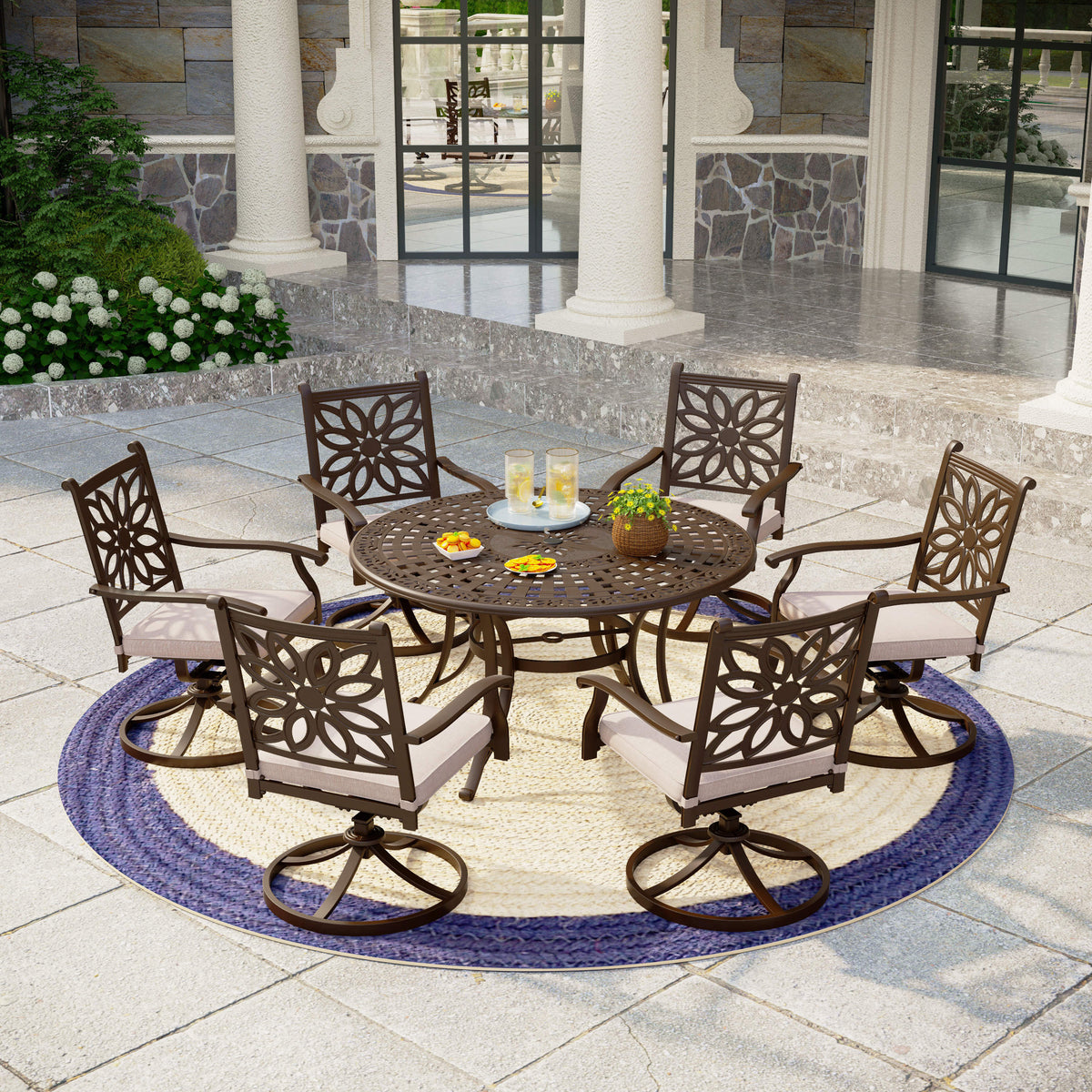 7-Piece Cast Aluminum Patio Dining Set Round Table & Flower Back Chairs
