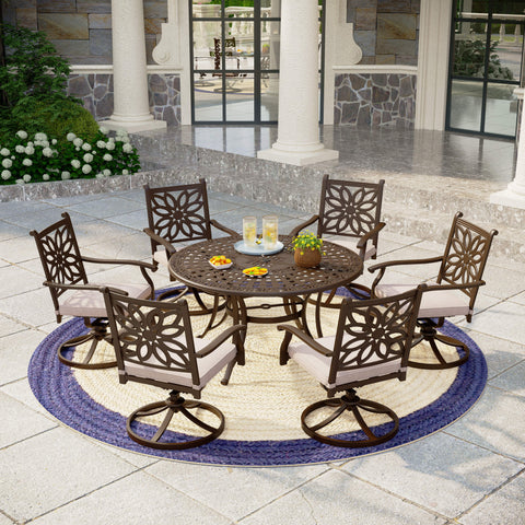 7-Piece Cast Aluminum Patio Dining Set Round Table & Flower Back Chairs
