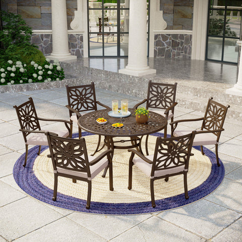 7-Piece Cast Aluminum Patio Dining Set Round Table & Flower Back Chairs