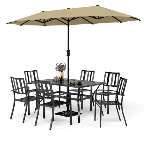 8-Piece Outdoor Dining Set with 13ft Umbrella Steel Rectangle Table & 6 Stackable Chairs