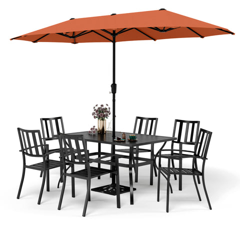 8-Piece Outdoor Dining Set with 13ft Umbrella Steel Rectangle Table & 6 Stackable Chairs
