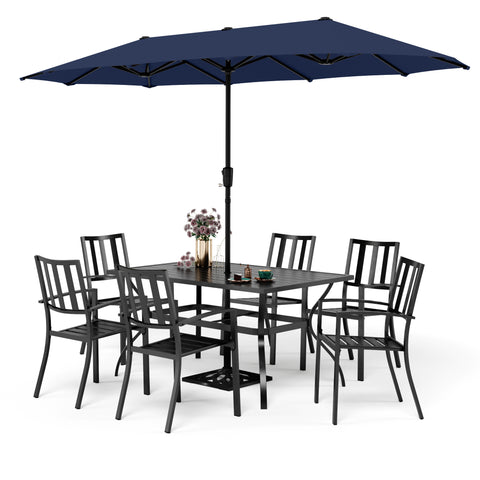 8-Piece Outdoor Dining Set with 13ft Umbrella Steel Rectangle Table & 6 Stackable Chairs