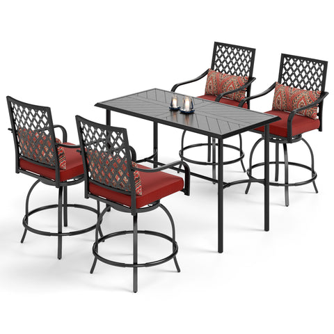 PHI VILLA 5-Piece Patio Bar Stool Set Embossed High Bar Table & Cushioned Swivel Bar Stools