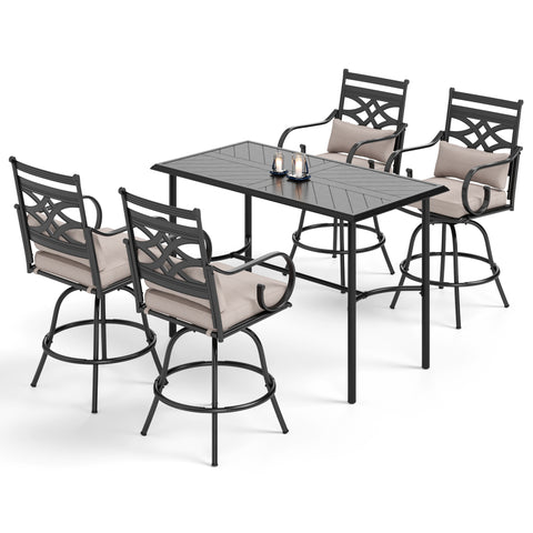 PHI VILLA 5-Piece Patio Bar Stool Set Embossed/Wood-like Table & Cast-iron Pattern Bar Stools