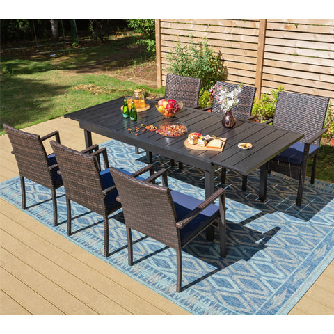 Rattan Wicker Cushioned Dining Chairs Set with Extendable Table