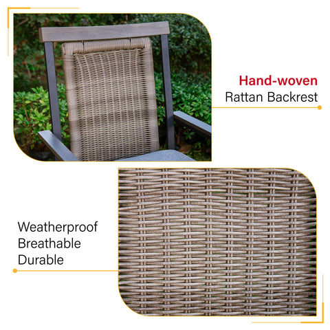 PHI VILLA Swivel Bar Stool Set Rattan Backrest & Padded Grey Cushion Stools and Geometrically-stamped High Table