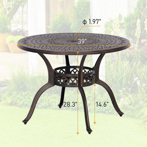 39" Cast Aluminum Golden Bronze Patio Dining Table with 1.97" Umbrella Hole