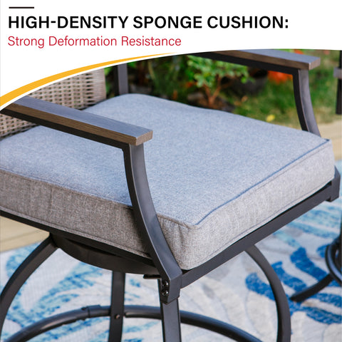 PHI VILLA Swivel Bar Stool Set Rattan Backrest & Padded Grey Cushion Stools and Geometrically-stamped High Table