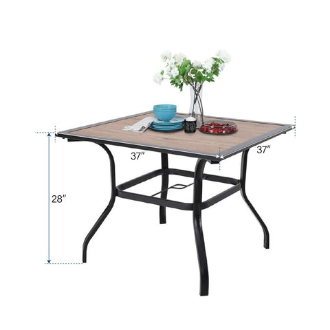 5-Piece Wood-look Table/Round Metal Table & Cushioned Rattan-steel Chairs Outdoor Dining Set