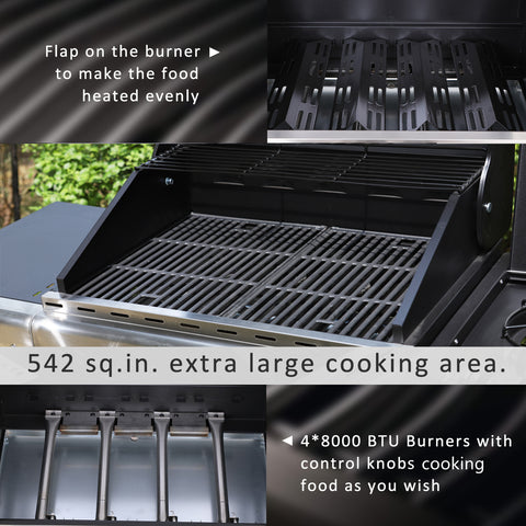 4-Burner Outdoor Propane Gas BBQ Grill with Side Burner