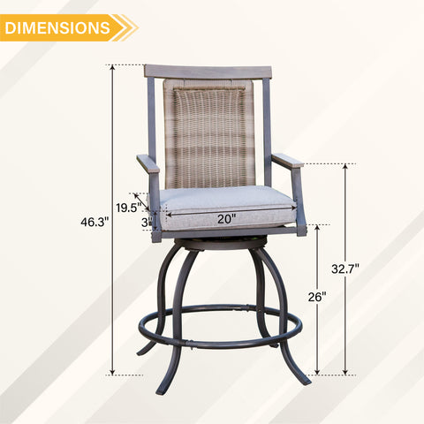 PHI VILLA Swivel Bar Stool Set Rattan Backrest & Padded Grey Cushion Stools and Geometrically-stamped High Table
