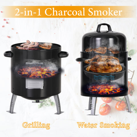 2-In-1 Vertical Charcoal Smoker & Grill with Built-in Thermometer