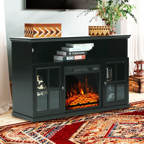 PHI VILLA 48'' Classic Glass Door Wooden Fireplace Cabinet Corner TV Stand with Electric Fireplace