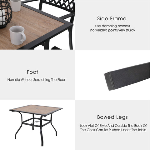 5-Piece Patio Dining Sets Wood-look Square Table & Light Textilene Fixed Chair