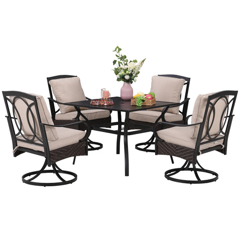 5-Piece Steel Square Table & Thick Cushion Swivel Chairs Outdoor Patio Dining Set