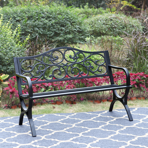 50 Inch Cast Iron Steel Frame Flower Pattern Garden Bench