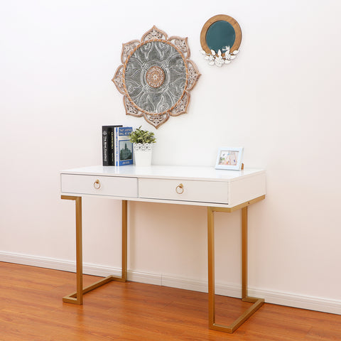 PHI VILLA Double Drawer Desk with Steel Legs, Home Office Computer Desk or Vanity Table
