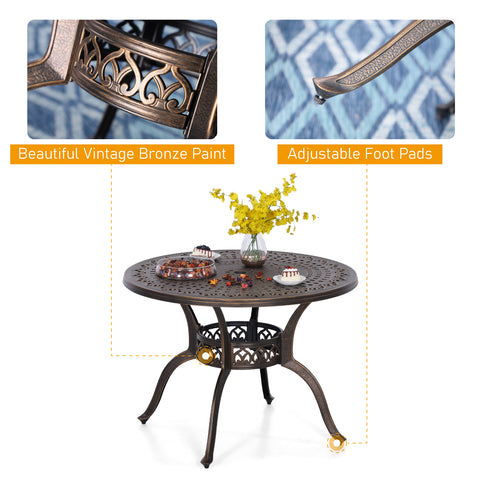 39" Cast Aluminum Golden Bronze Patio Dining Table with 1.97" Umbrella Hole