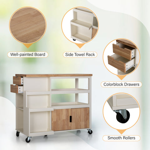 PHI VILLA Rubber Wood Tabletop Kitchen Island Cart with Side Drawers and Shelves, Warm White