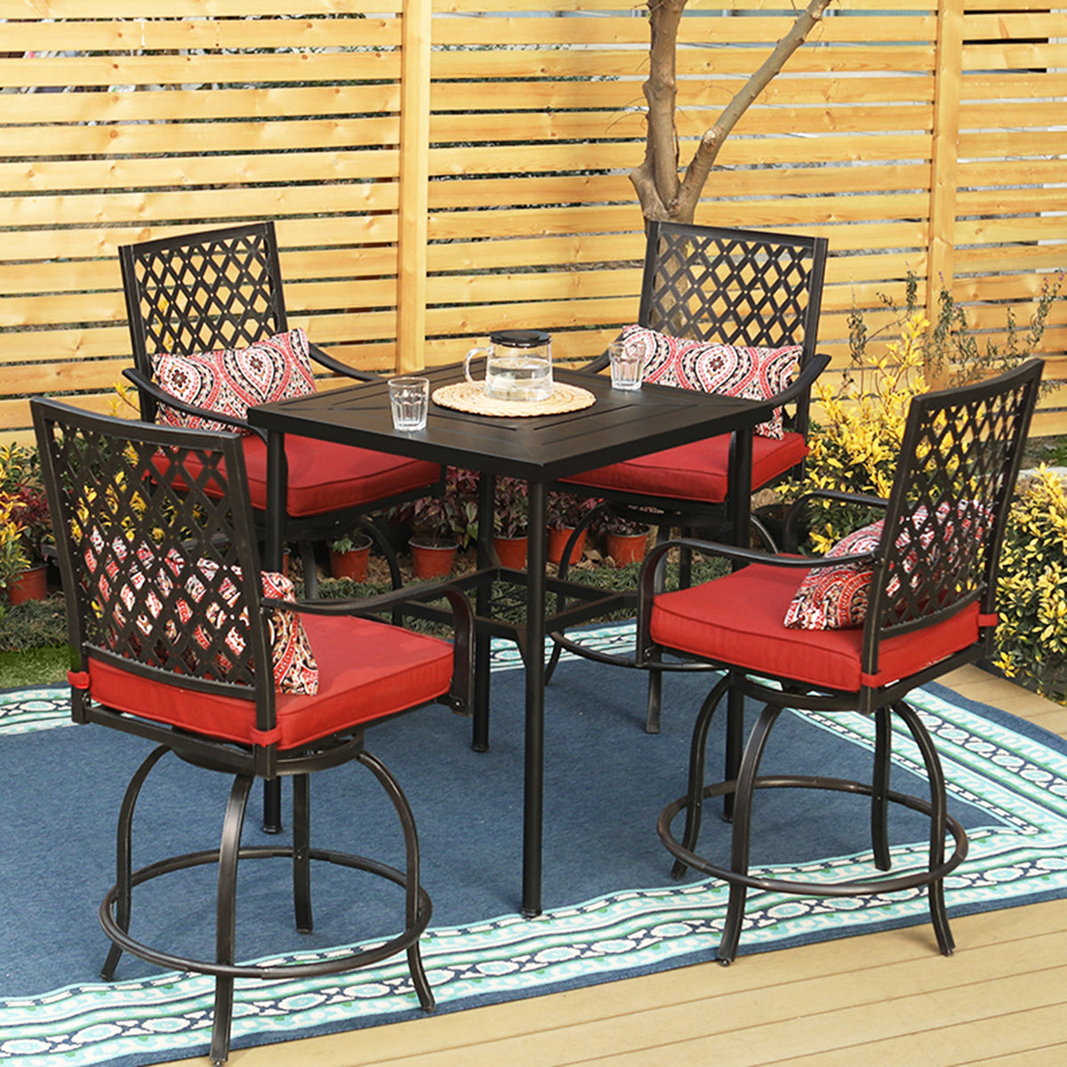 PHI VILLA 5-Piece Patio Bar Stools Set Extra Wide Steel Bar Stool & Geometrically Stamped High Table