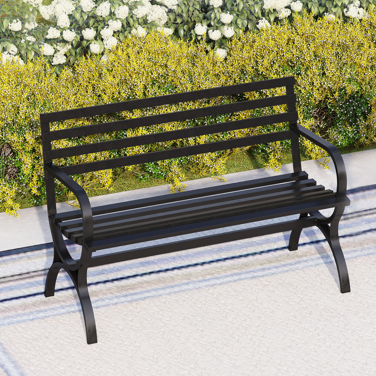 Black Outdoor Bench Set, Single Seat Chair & Metal Side Table