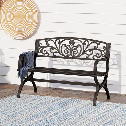 50 Inch Cast Iron Steel Frame Flower Pattern Garden Bench