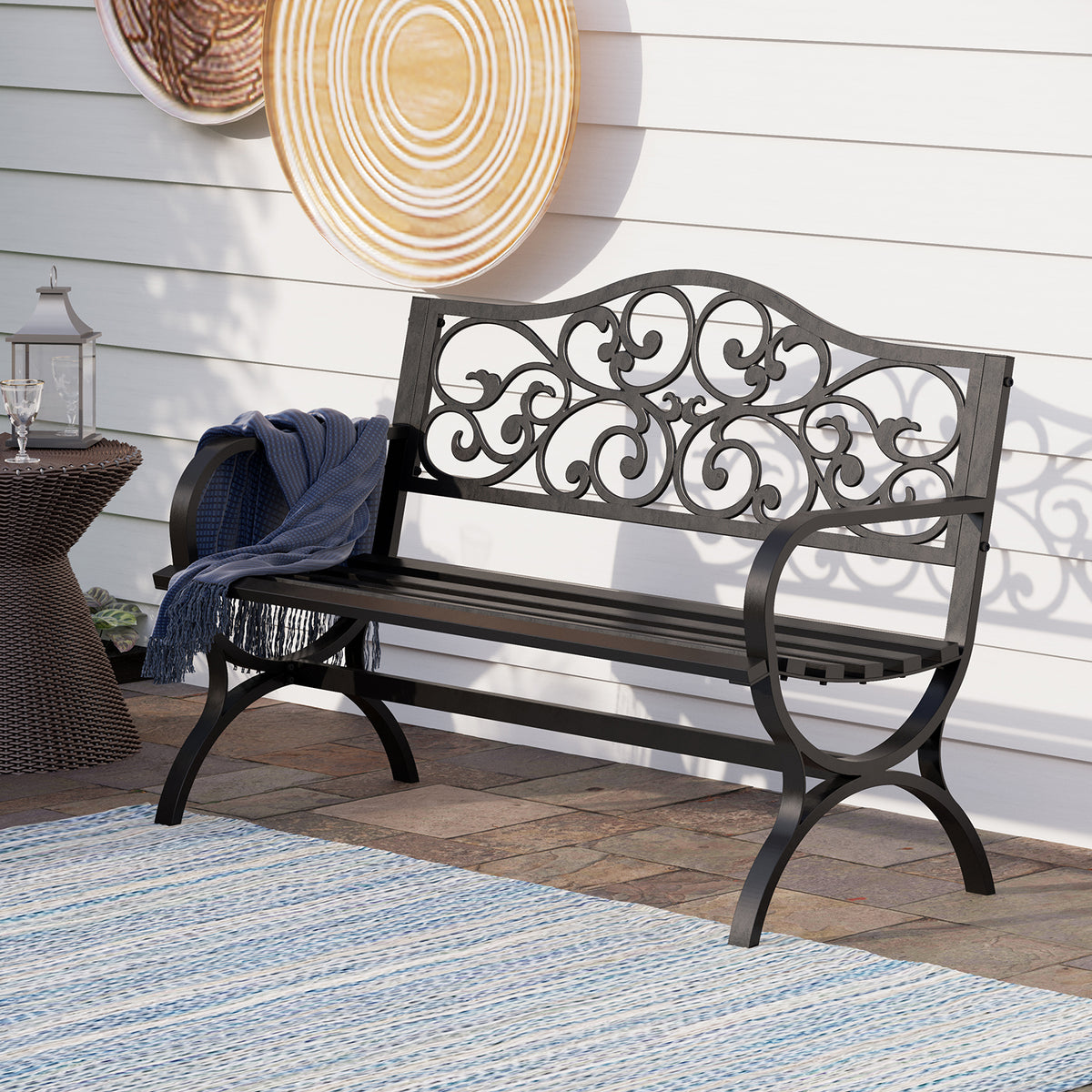 50 Inch Cast Iron Steel Frame Flower Pattern Garden Bench