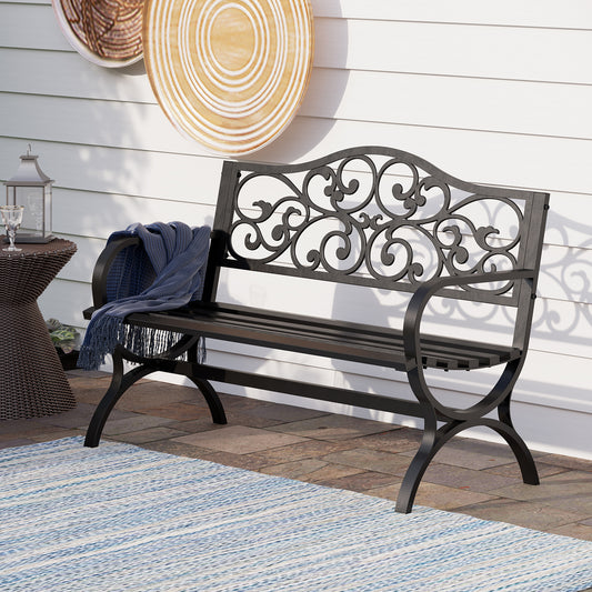 50 Inch Cast Iron Steel Frame Flower Pattern Garden Bench
