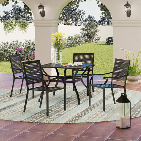 5-Piece Outdoor Dining Set Steel Square Table & Bull's Eye Pattern Dining Chairs