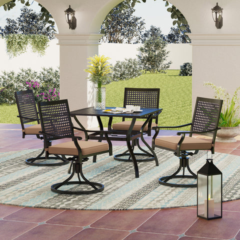 5-Piece Outdoor Dining Set Steel Square Table & Bull's Eye Pattern Dining Chairs