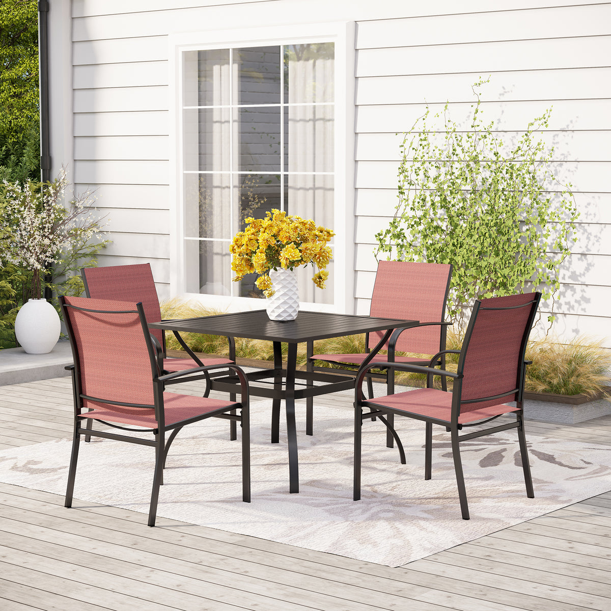 5-Piece Patio Dining Sets Square Table & Light-weight Textilene Fixed Chairs