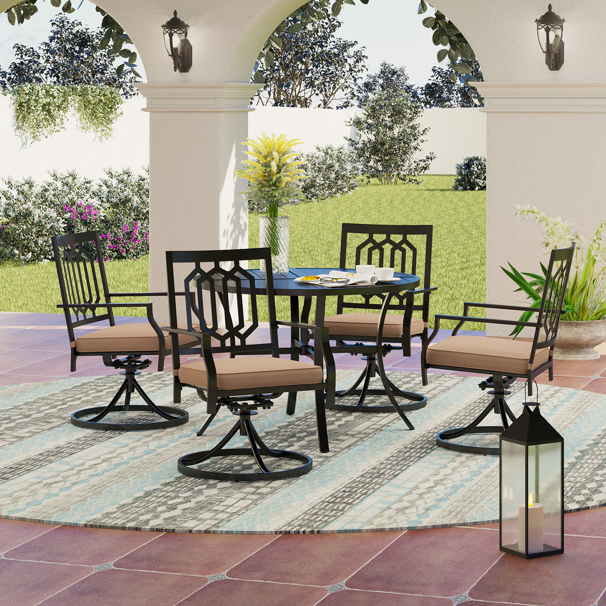 5-Piece Geometrically Stamped Round Table & Swivel Dining Chairs Outdoor Dining Set