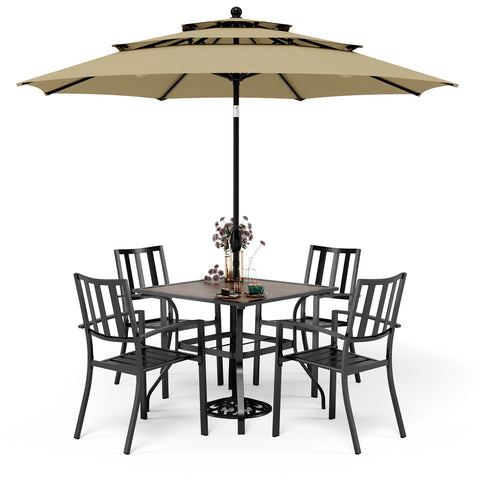 6-Piece Outdoor Dining Set with Umbrella Wood-look Table & 4 Patterned Stackable Chairs