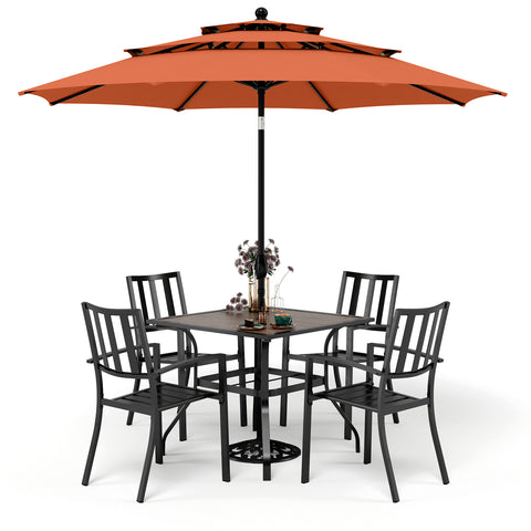 6-Piece Outdoor Dining Set with Umbrella Wood-look Table & 4 Patterned Stackable Chairs