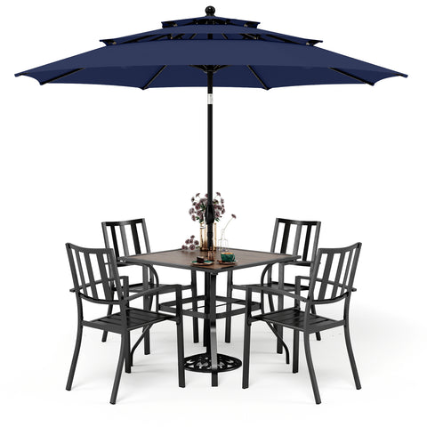 6-Piece Outdoor Dining Set with Umbrella Wood-look Table & 4 Patterned Stackable Chairs