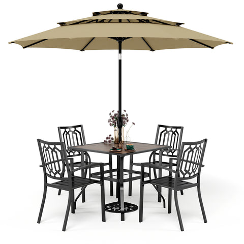 6-Piece Outdoor Dining Set with Umbrella Wood-look Table & 4 Patterned Stackable Chairs