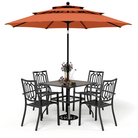 6-Piece Outdoor Dining Set with Umbrella Wood-look Table & 4 Patterned Stackable Chairs