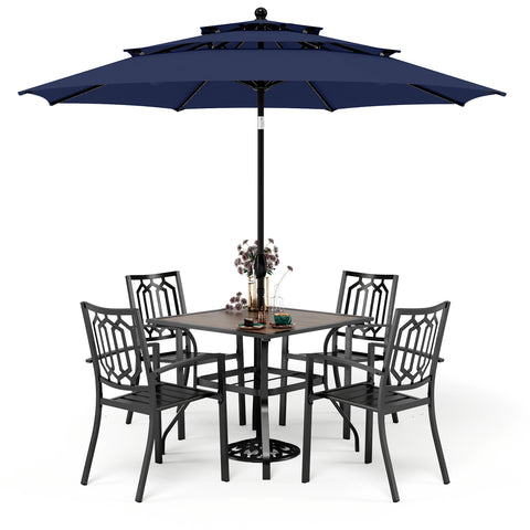6-Piece Outdoor Dining Set with Umbrella Wood-look Table & 4 Patterned Stackable Chairs