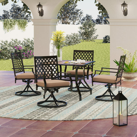 Wood-look Table and 4 Pattern Swivel Chairs with Cushion 5-Piece Metal Outdoor Patio Dining Set