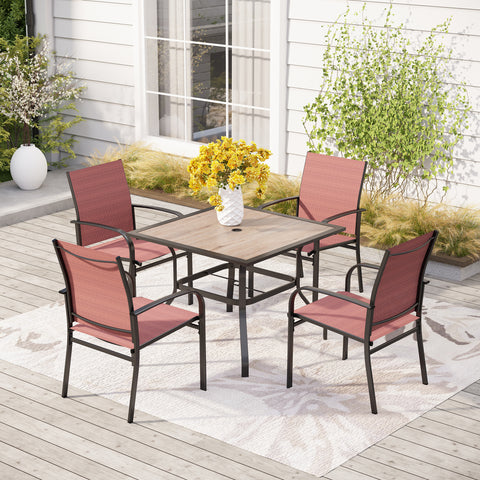 5-Piece Patio Dining Sets Wood-look Square Table & Light Textilene Fixed Chair