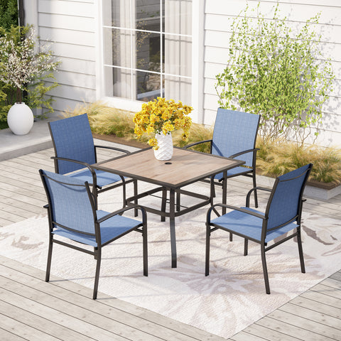 5-Piece Patio Dining Sets Wood-look Square Table & Light Textilene Fixed Chair